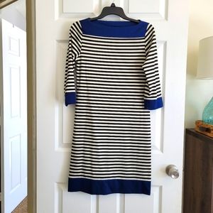 Isaac Mizrahi striped stretchy boatneck 3/4 sleeve black white blue dress Sz S